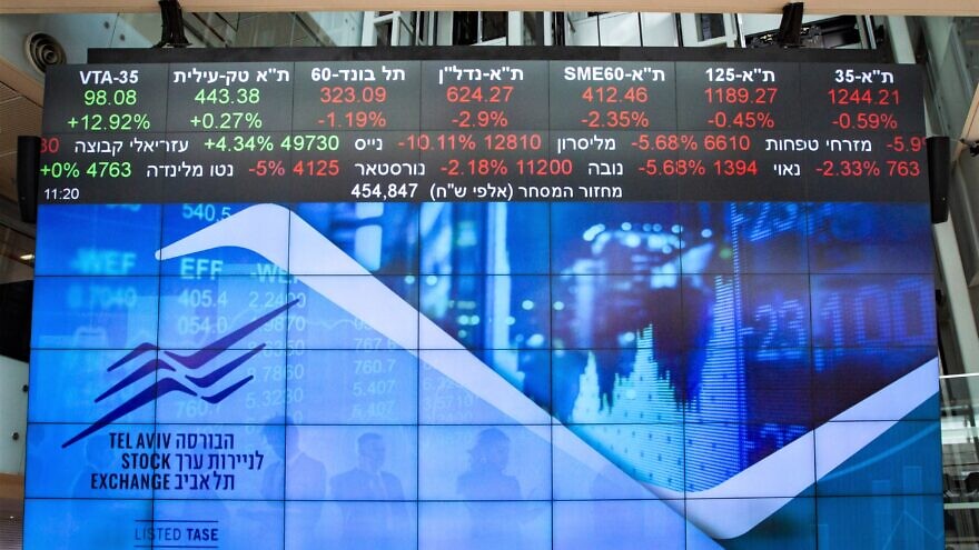 A stockmarket ticker screen in the lobby of the Tel Aviv Stock Exchange, in the center of Tel Aviv, March 15, 2020. Photo by Flash90.