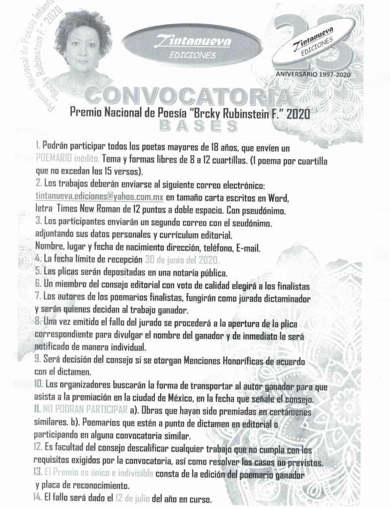 CONVOCATORIA POESIA TINTANUEVA 2020 15 junio 202015062020