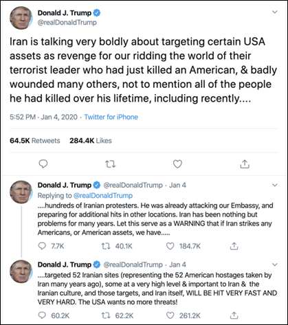 Fuente: Azfamily.com/news/us_world_news/trump-warns-iran-if-it-hits-any-americans-or-american/image_4389b7e9-8514-5e5a-b5f5-d744f5e9d346.html, 4 de enero, 2020