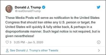 Fuente: Azfamily.com/news/us_world_news/trump-warns-iran-if-it-hits-any-americans-or-american-assets-we-have-targeted-52/article_5d98b6fb-995f-54c4-9020-7d7b8c4f8ba0. html, 4 de enero, 2020