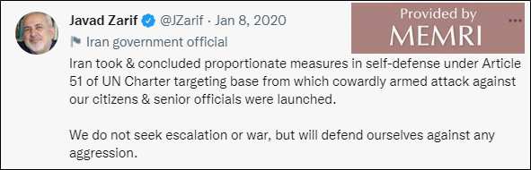 Fuente: Twitter.com/jzarif/status/1214736614217469953?lang=en, 8 de enero, 2020