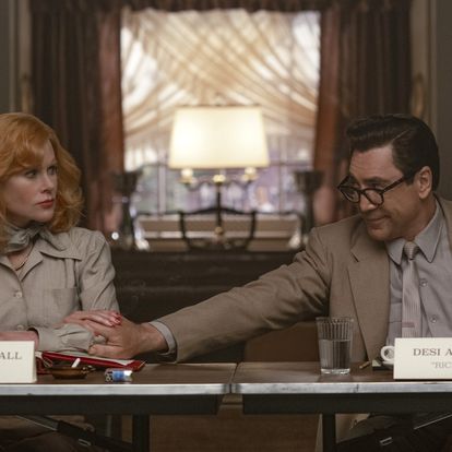 This image released by Amazon shows Nicole Kidman as Lucille Ball, left, and Javier Bardem as Desi Arnaz in a scene from "Being the Ricardos." (Glen Wilson/Amazon via AP)