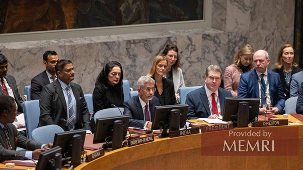El ministro de asuntos exteriores de India S. Jaishankar habla en la ONU el día 15 de diciembre, 2022
