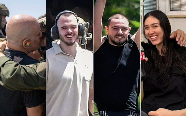 Rehenes israelíes fotografiados después de su rescate del cautiverio de Hamas en Gaza el 8 de junio de 2024. De izquierda a derecha: Shlomi Ziv (FDI); Andrey Kozlov y Almog Meir Jan (Avshalom Sassoni/Flash90) y Noa Argamani (Cortesía)