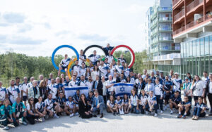 Israeli athletes pose for a photo at the Olympic Village in Paris Oded Karni Olympic Committee of Israel