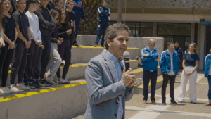Maccabi Mexico Delegation President Daniel Wulfovich speaks during torch visit photo credit to Courtesy 500 x 281