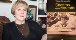 Vilma Faingezicht y la tapa de "Cuentos de la niña judía". Cortesía